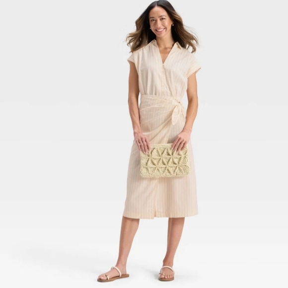 Women's Short Sleeve Wrap Waist Midi Shirtdress - Universal Thread Cream Striped - Picture 1 of 3